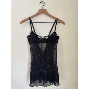 Victoria's Secret Vintage Black Lace Sheer Sequin Corset Camisole Lingerie - 36B
